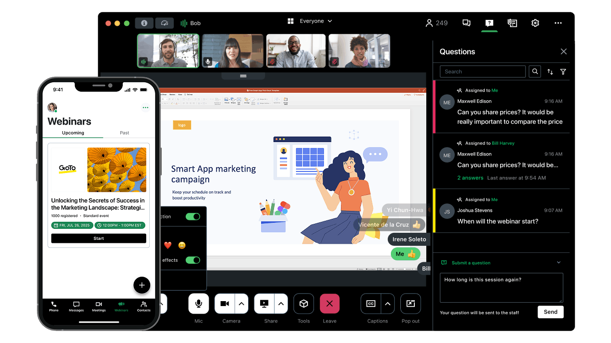 GoTo Webinar platform featuring a webinar hosting and interacting with live audience based on the questions in the chat panel