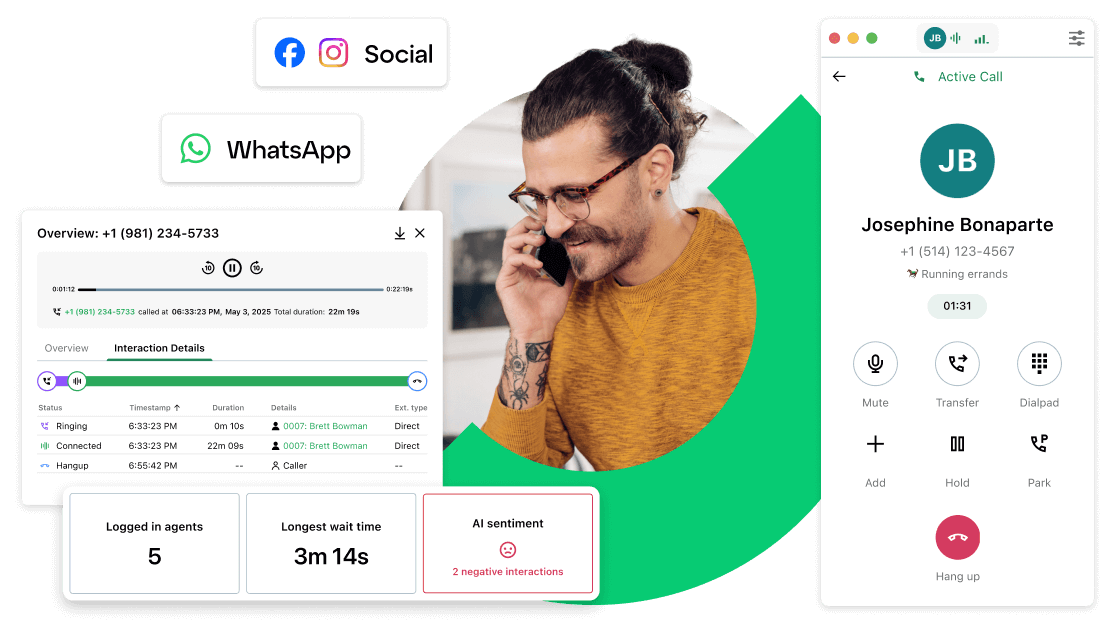 GoTo Connect interface showcasing call details, AI analytics, social media platforms and WhatsApp integrations that help small and mid-sized business owners manage communications efficiently.