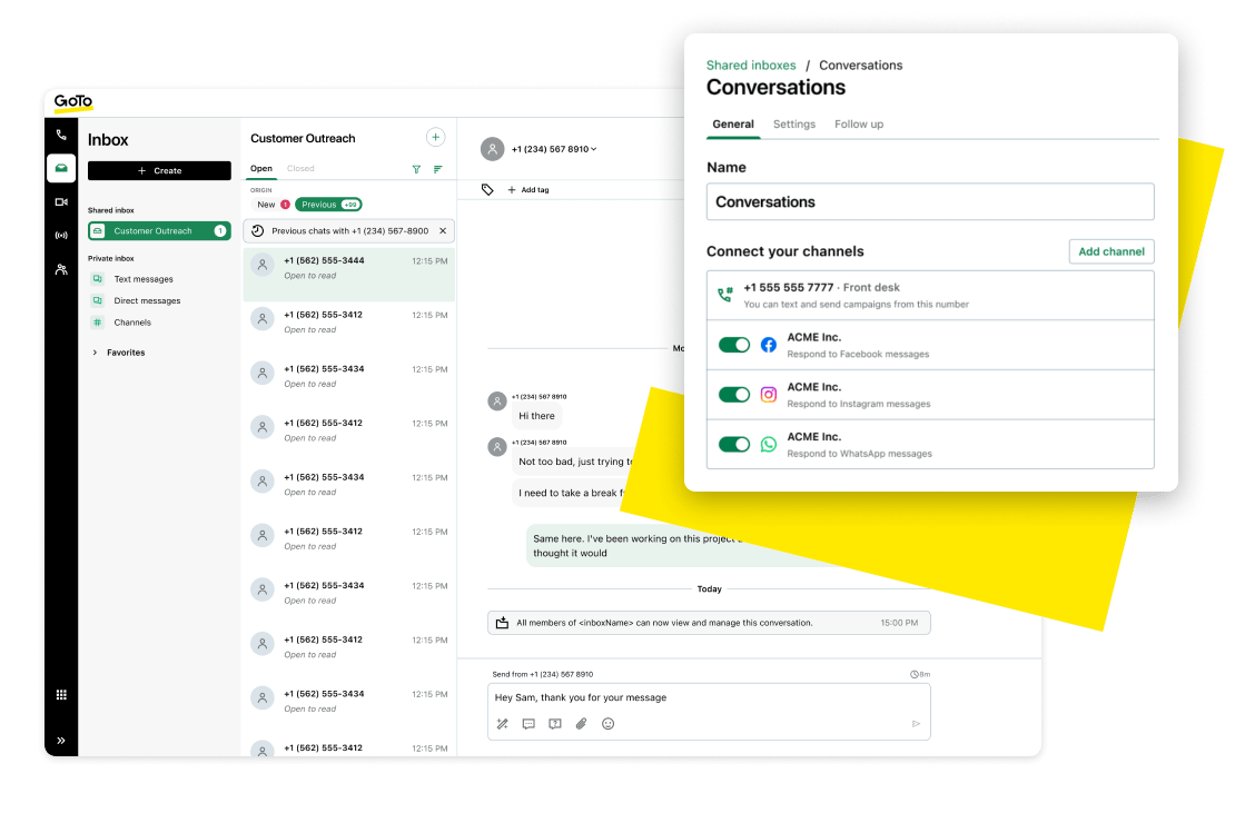 Chat interface showing conversation between educator and student, integrated with communication channels such as WhatsApp, social, and VoIP phone call.
