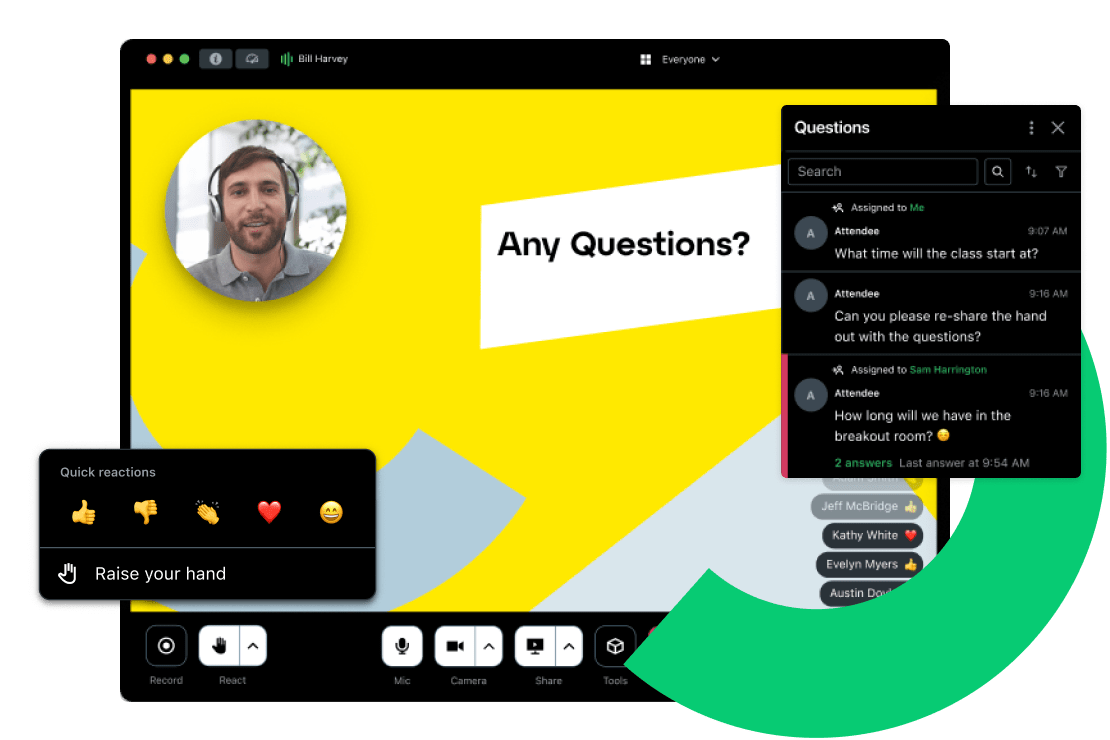 GoTo Webinar session displaying interactive features like live Q&A, quick reactions, and polls for engaging virtual lectures and events.