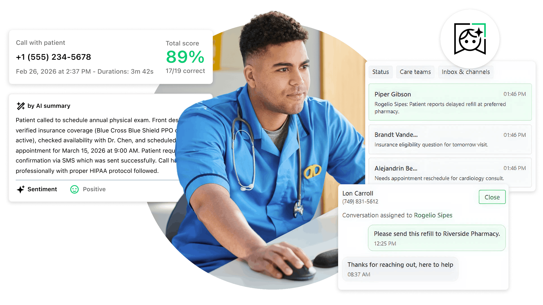 Healthcare provider using GoTo Connect AI Receptionist analytics to communicate with a patient.