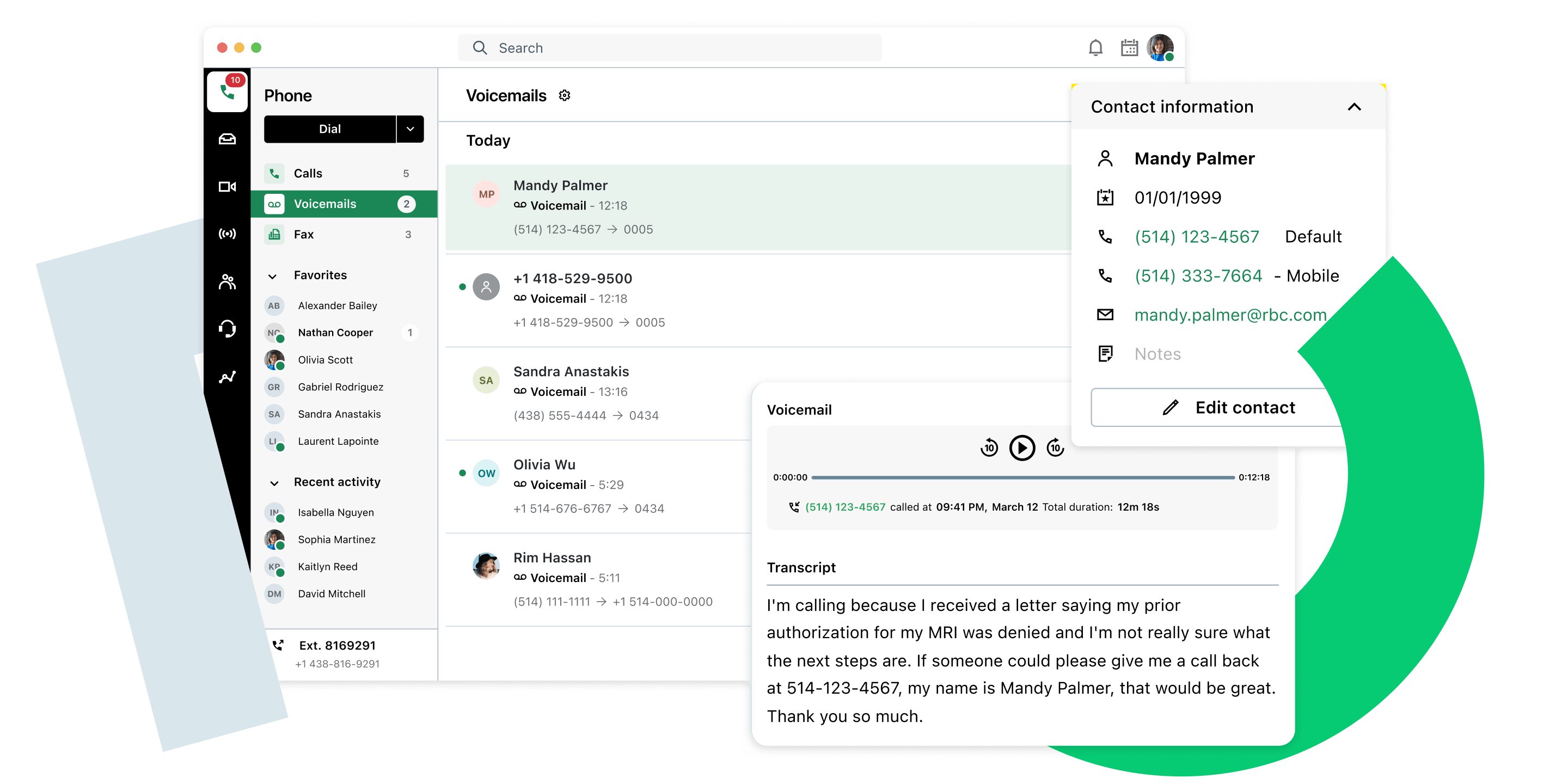 GoTo Connect unified communications with voicemail transcript and patient record.