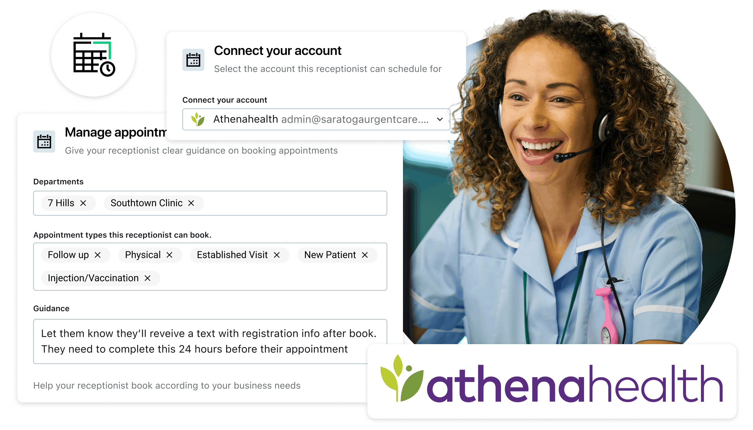 AI virtual receptionist interface for appointment scheduling and patient communication with athenahealth branding.