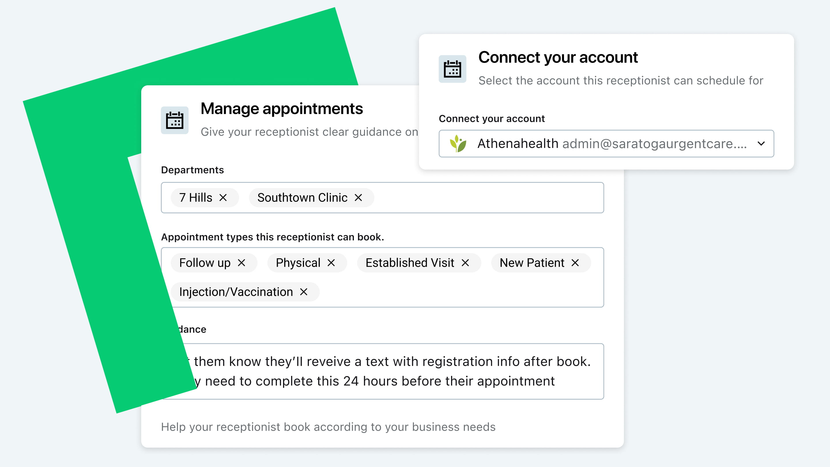 AI scheduling setup with appointment type and department configuration connected to Athenahealth.