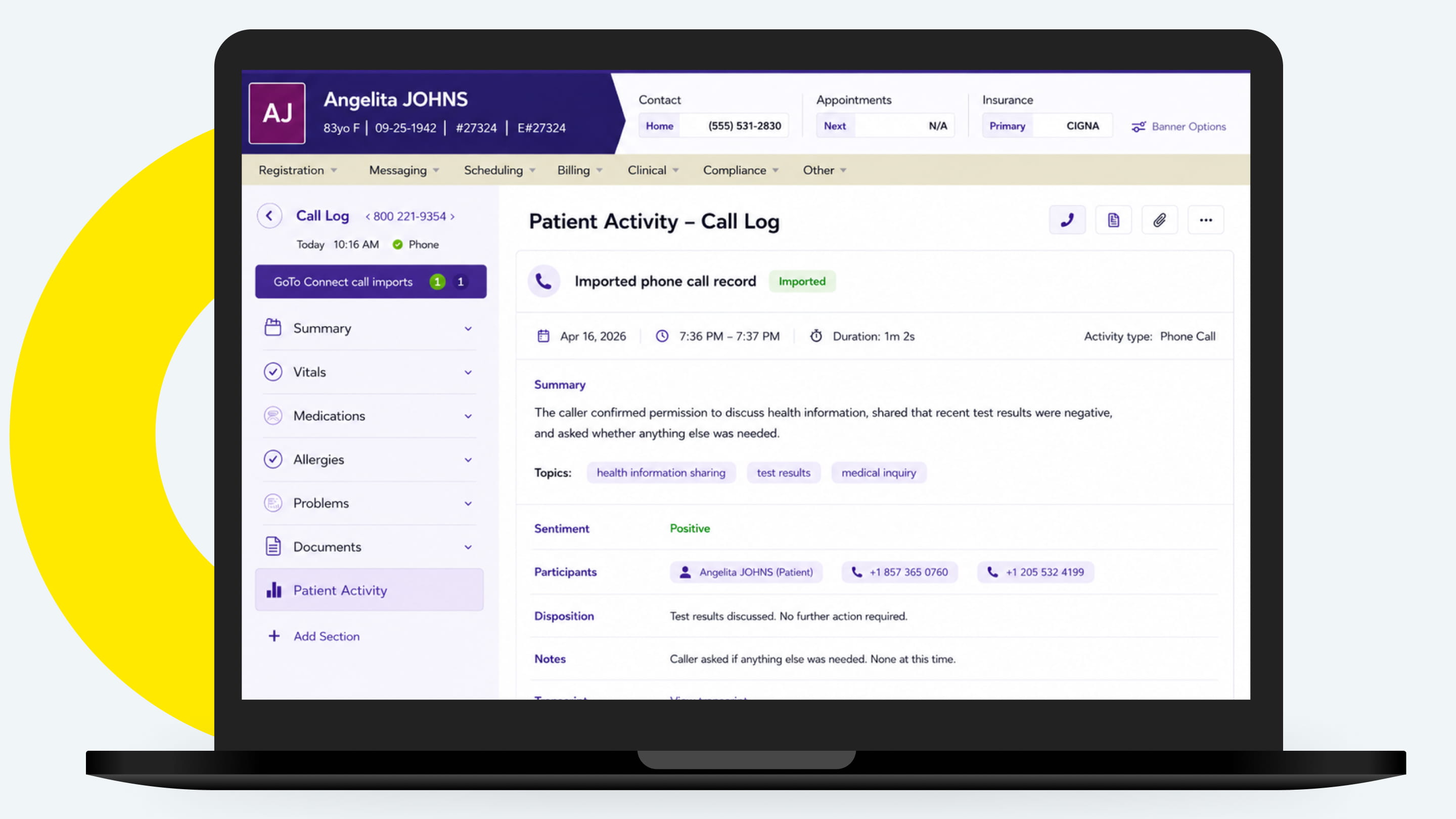 GoTo Connect dashboard interface showing AI-powered call logging and CRM activity records.