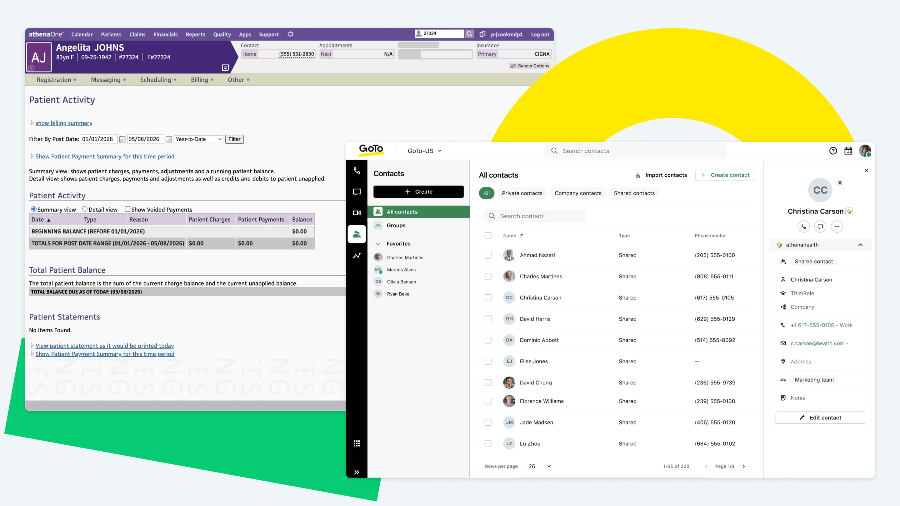 GoTo CRM interface with click-to-call functionality and active call panel.