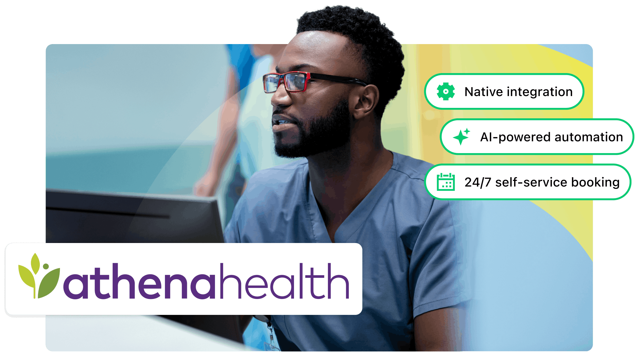 Healthcare worker using athenaOne integration with AI-powered automation and self-service booking features.