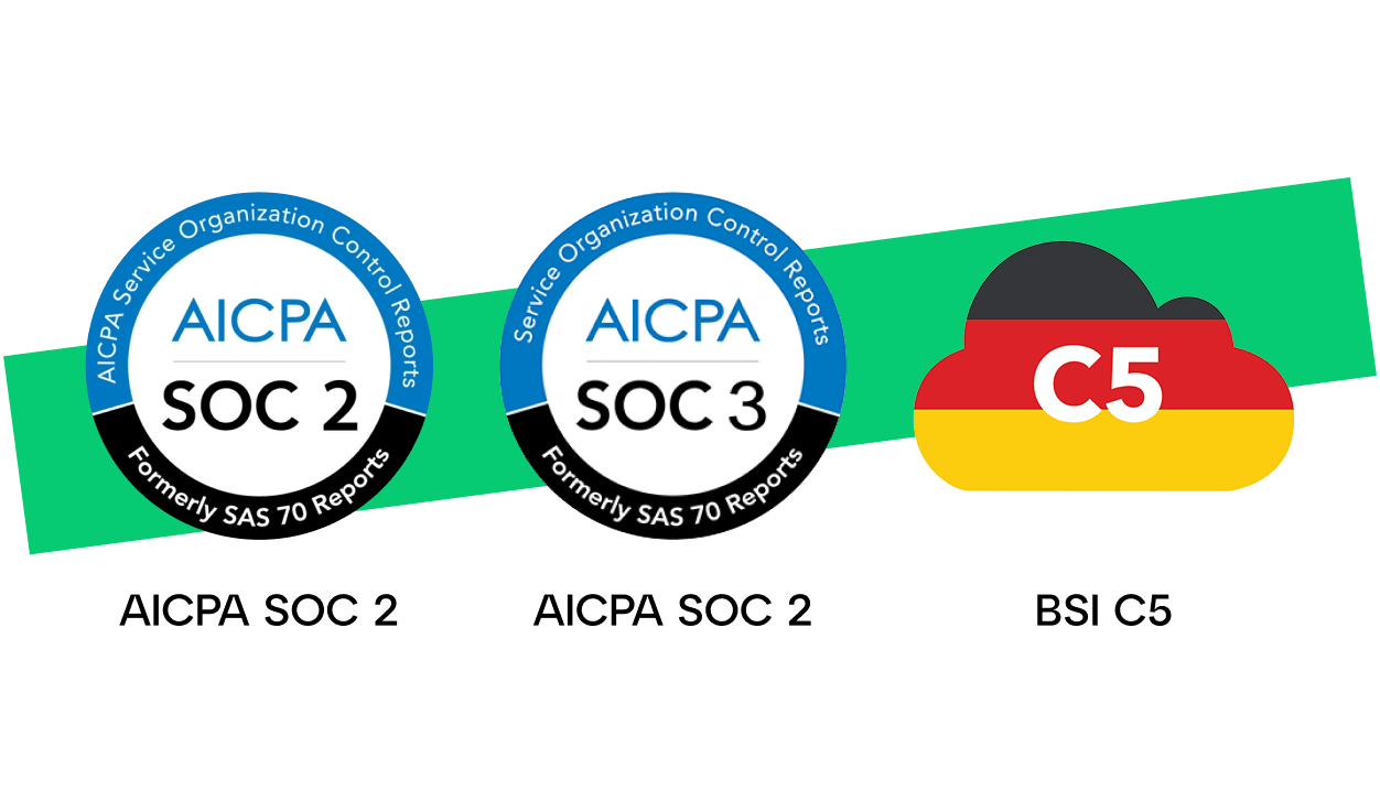 Insignias de las certificaciones AICPA SOC 2, AICPA SOC 3 y BSI C5 que destacan el cumplimiento de las medidas de seguridad.