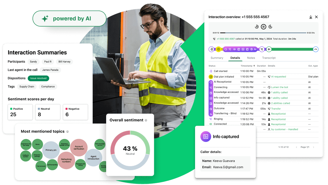 GoTo Connect es una plataforma todo en uno para la comunicación y la colaboración en la fabricación, que ofrece videollamadas en directo, transcripciones detalladas y resúmenes de interacciones con tecnología de IA.