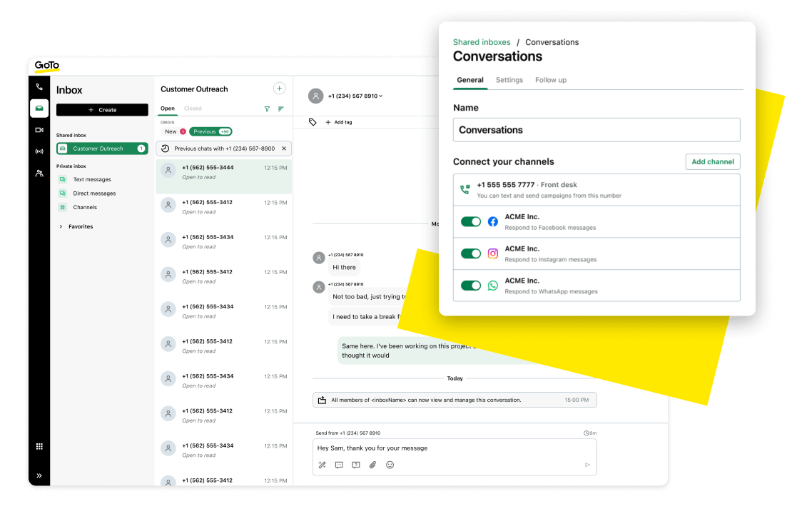 Una interfaz de chat que muestra una interacción eficaz entre el propietario de una empresa y un cliente mediante un moderno sistema telefónico basado en la nube a través de diversos canales.