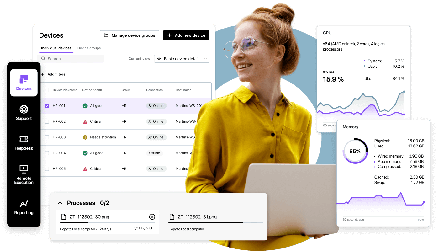 Interfaz de LogMeIn que muestra un panel de gestión de dispositivos con estadísticas de uso de CPU y memoria, y herramientas unificadas para gestionar la asistencia de TI.