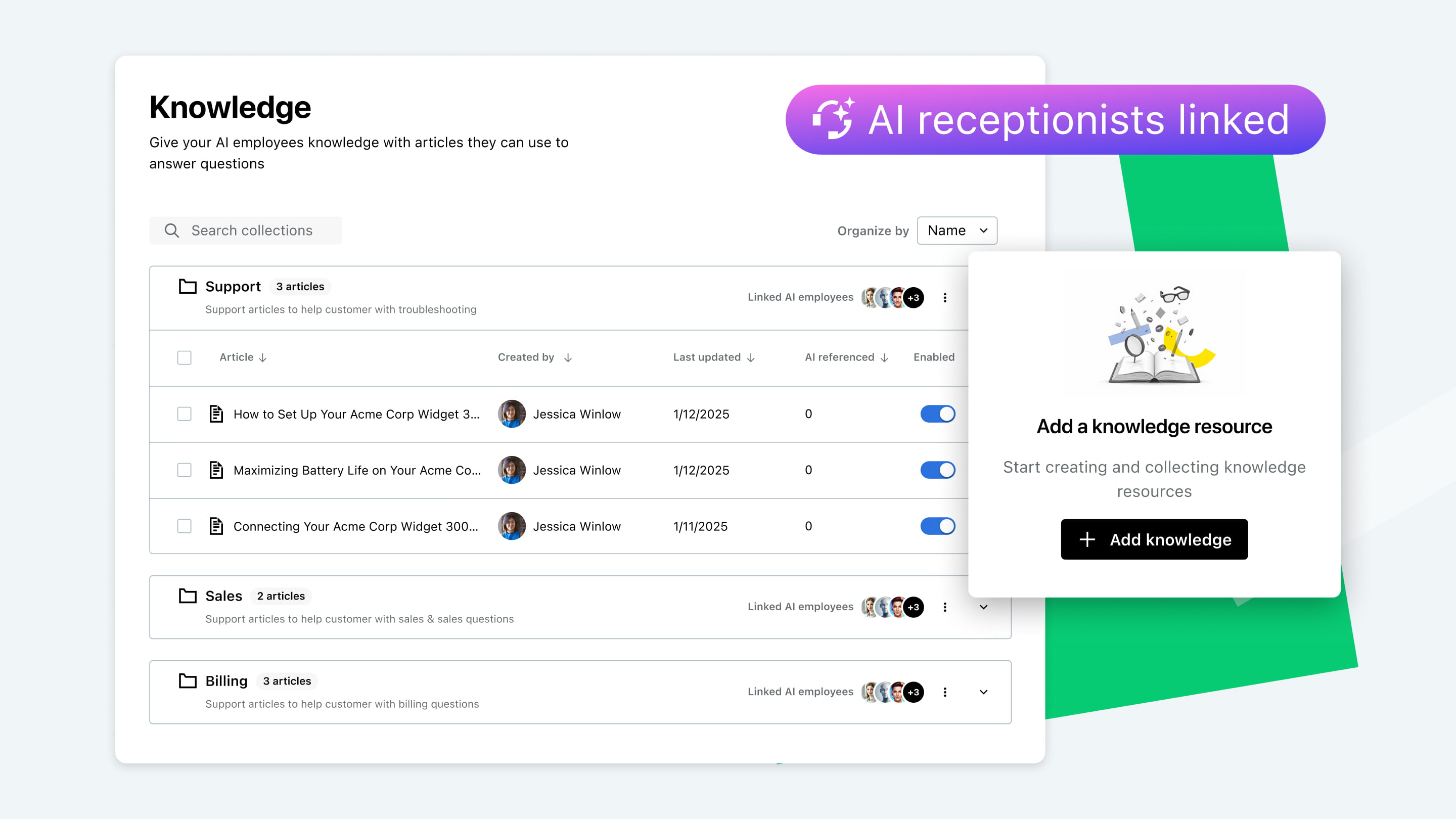 AI scheduling dashboard showing appointment booking and receptionist automation tools.