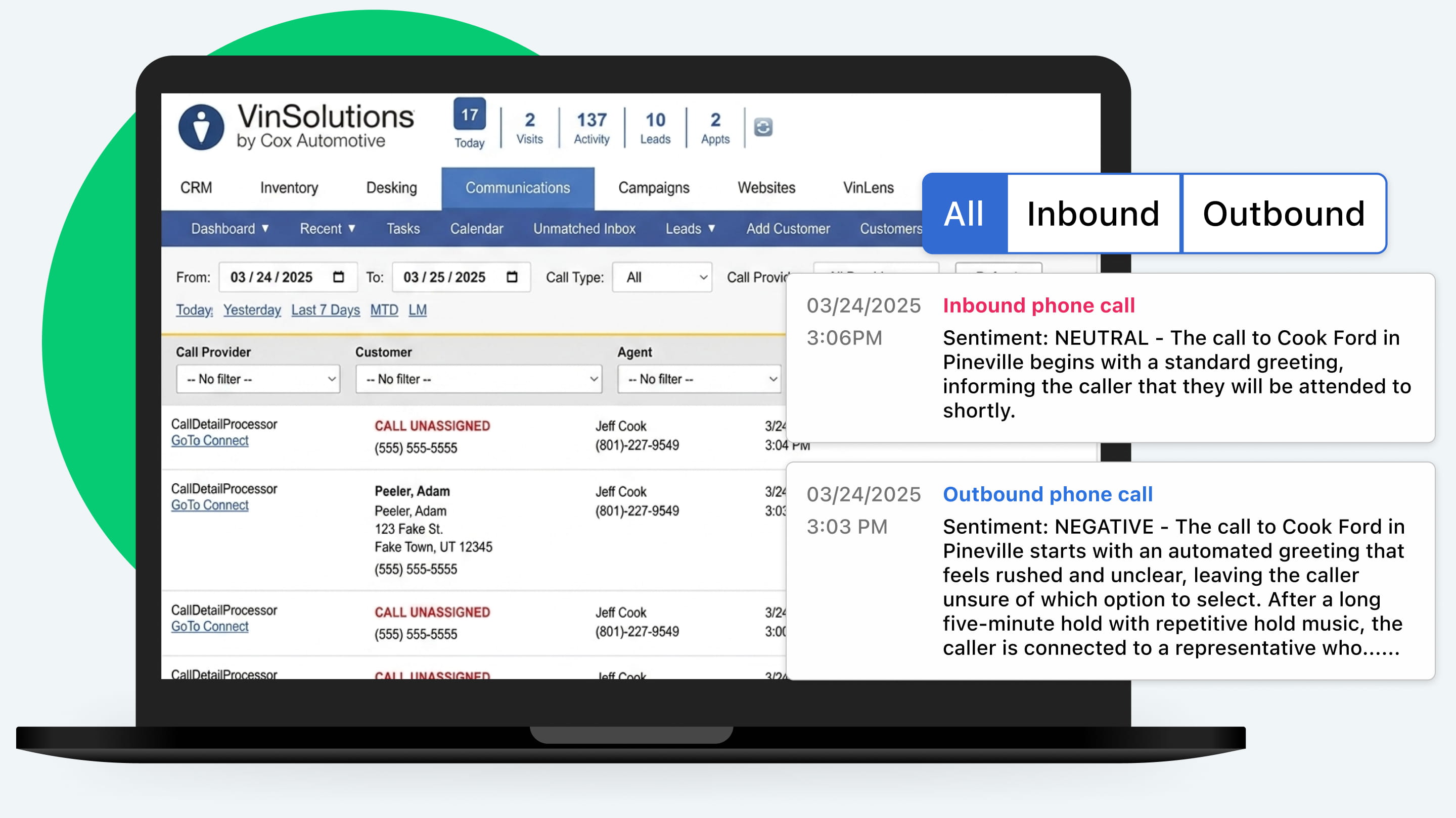 GoTo Connect dashboard interface showing AI-powered call logging and CRM activity records.