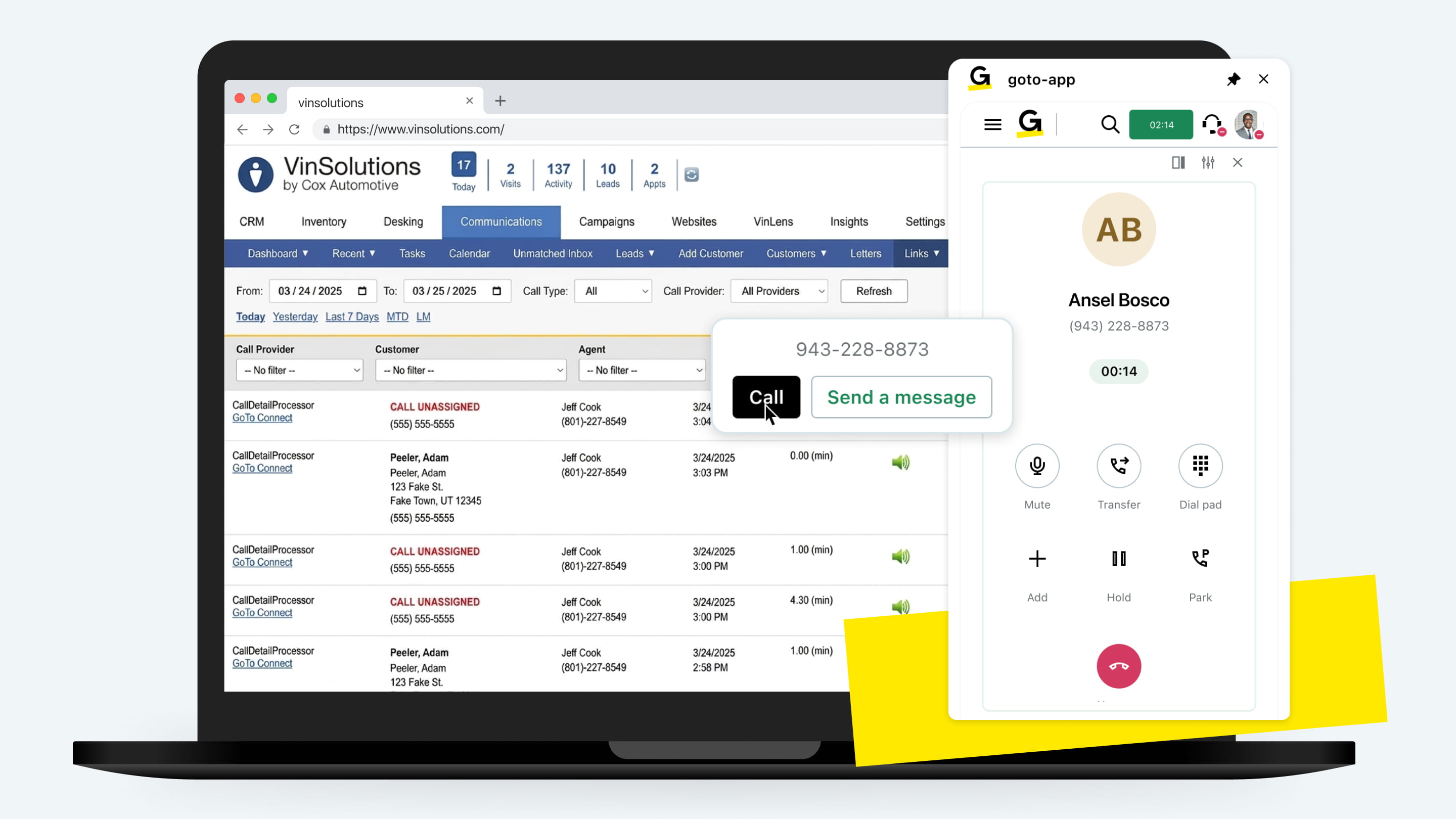 GoTo CRM interface with click-to-call functionality and active call panel.