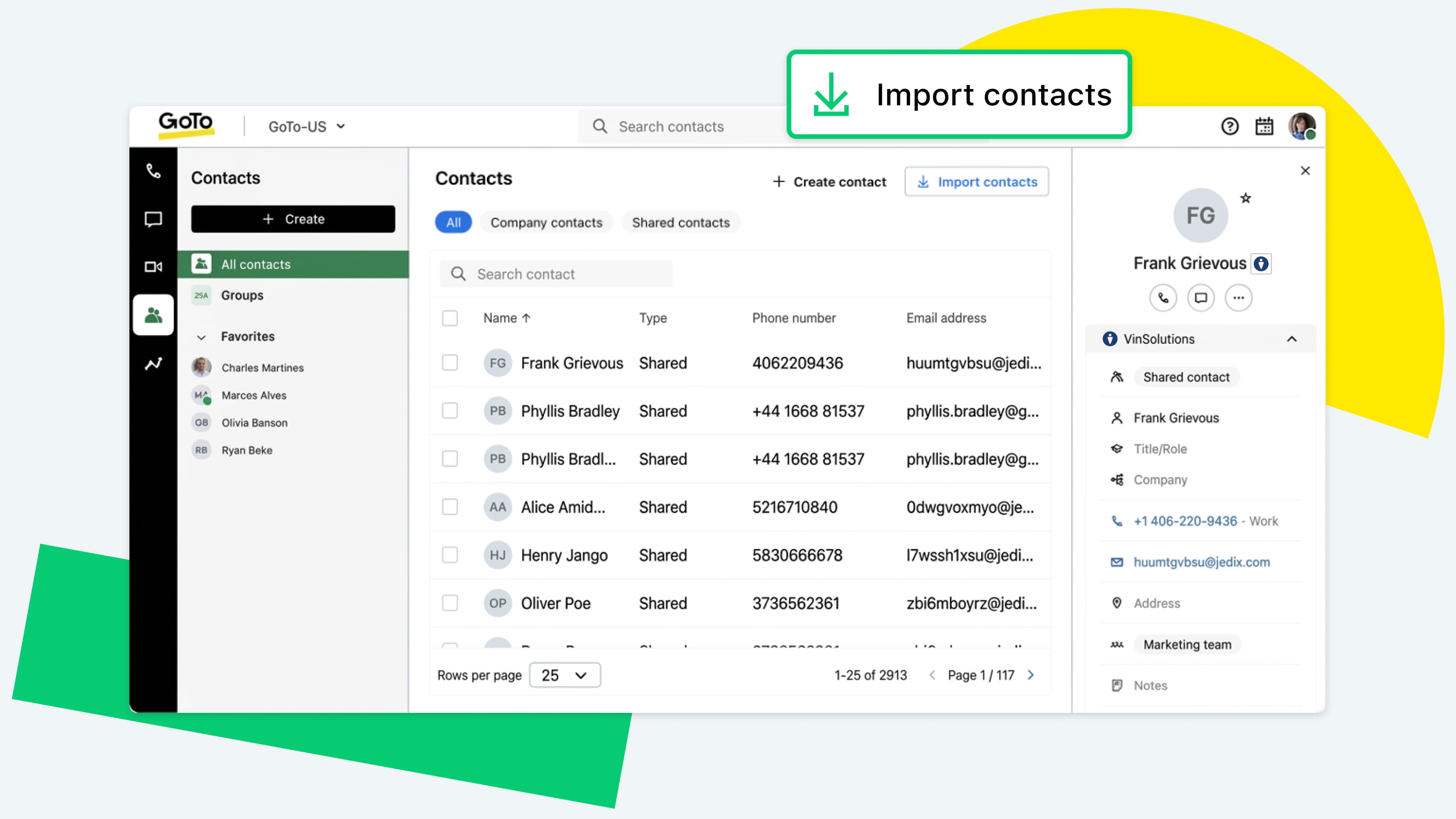GoTo Contact management dashboard showing synchronized customer contact records.