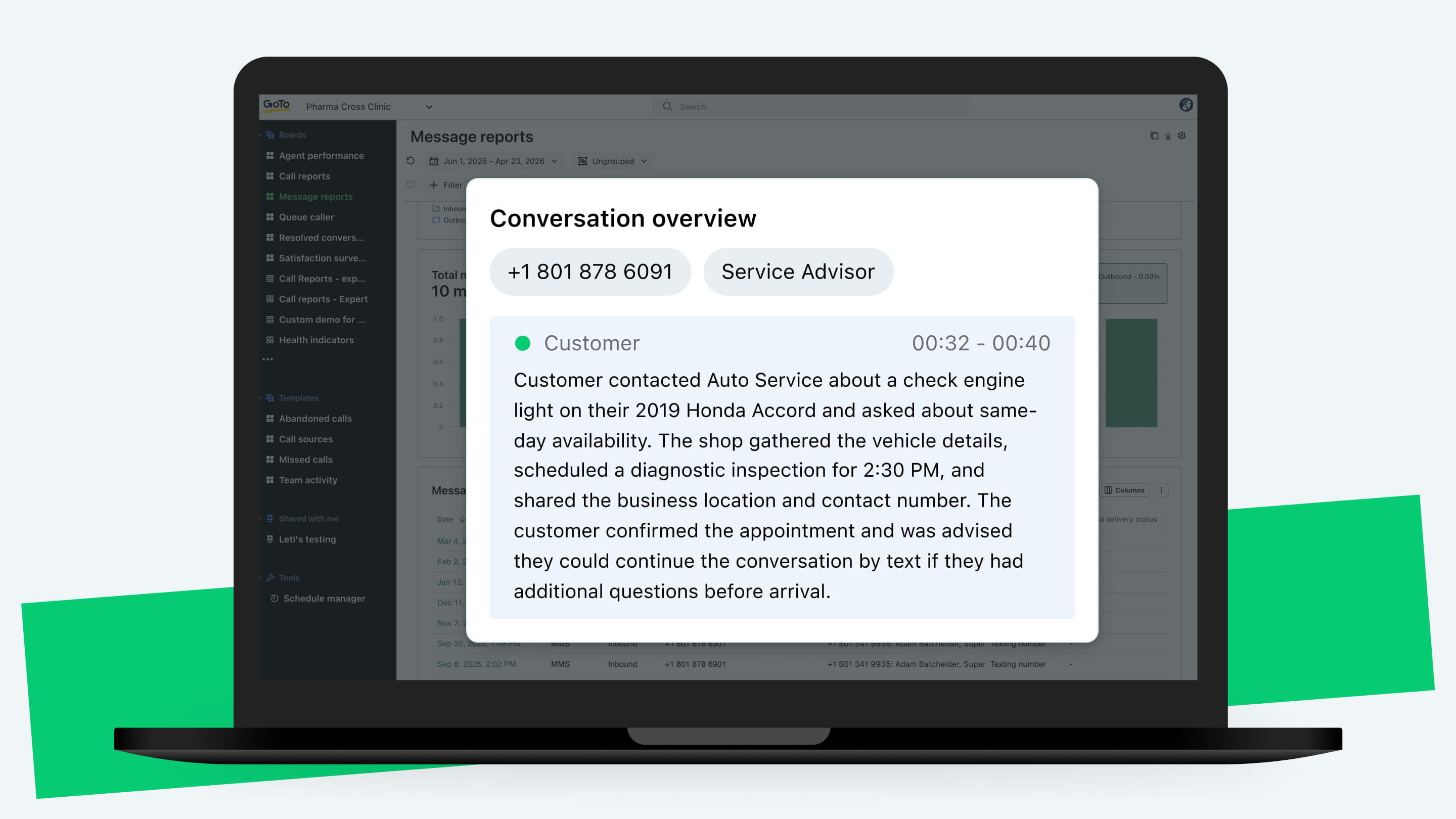 SMS conversation history displayed inside a customer communication dashboard.