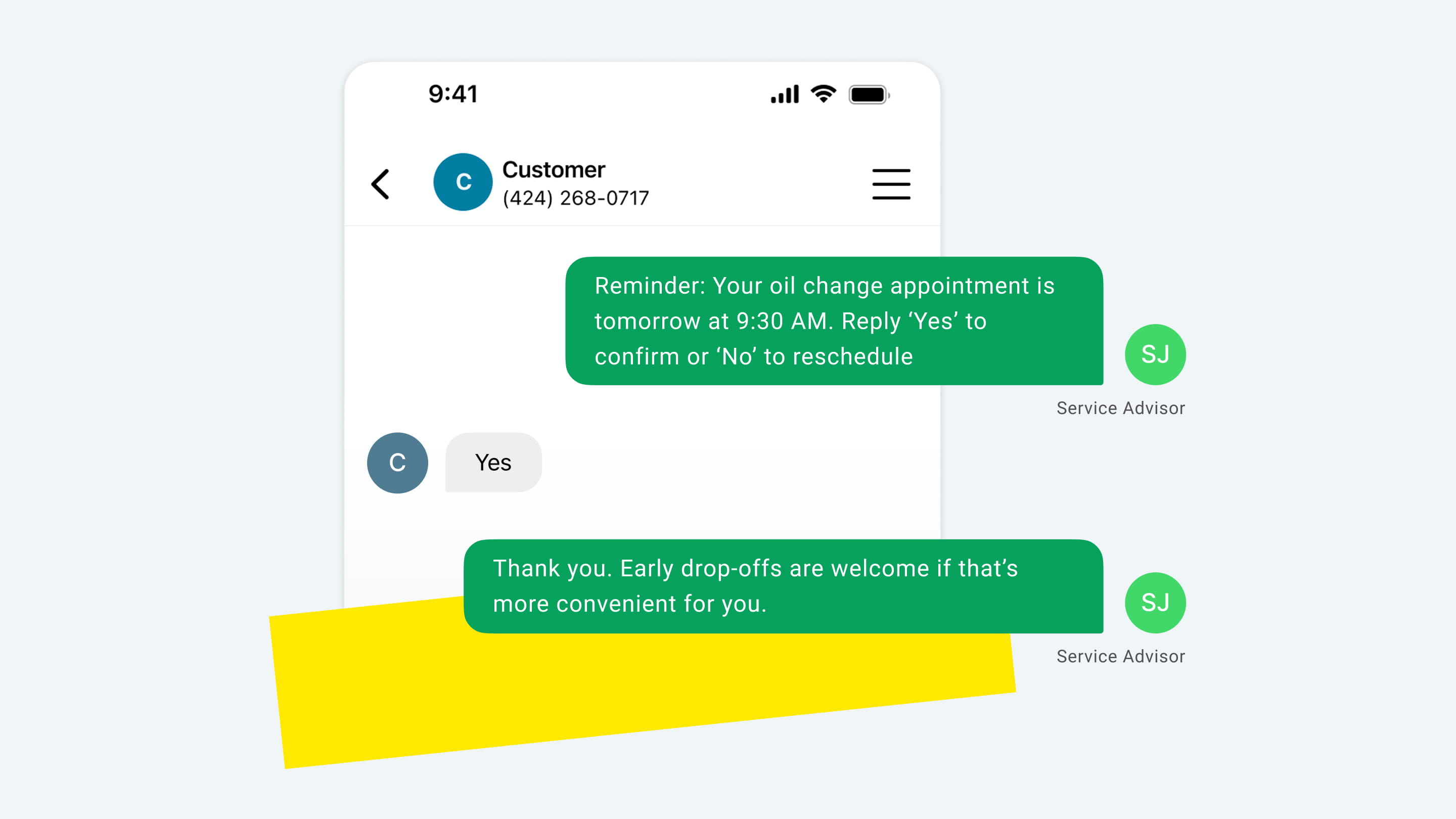Mobile text message conversation showing automated appointment reminders.