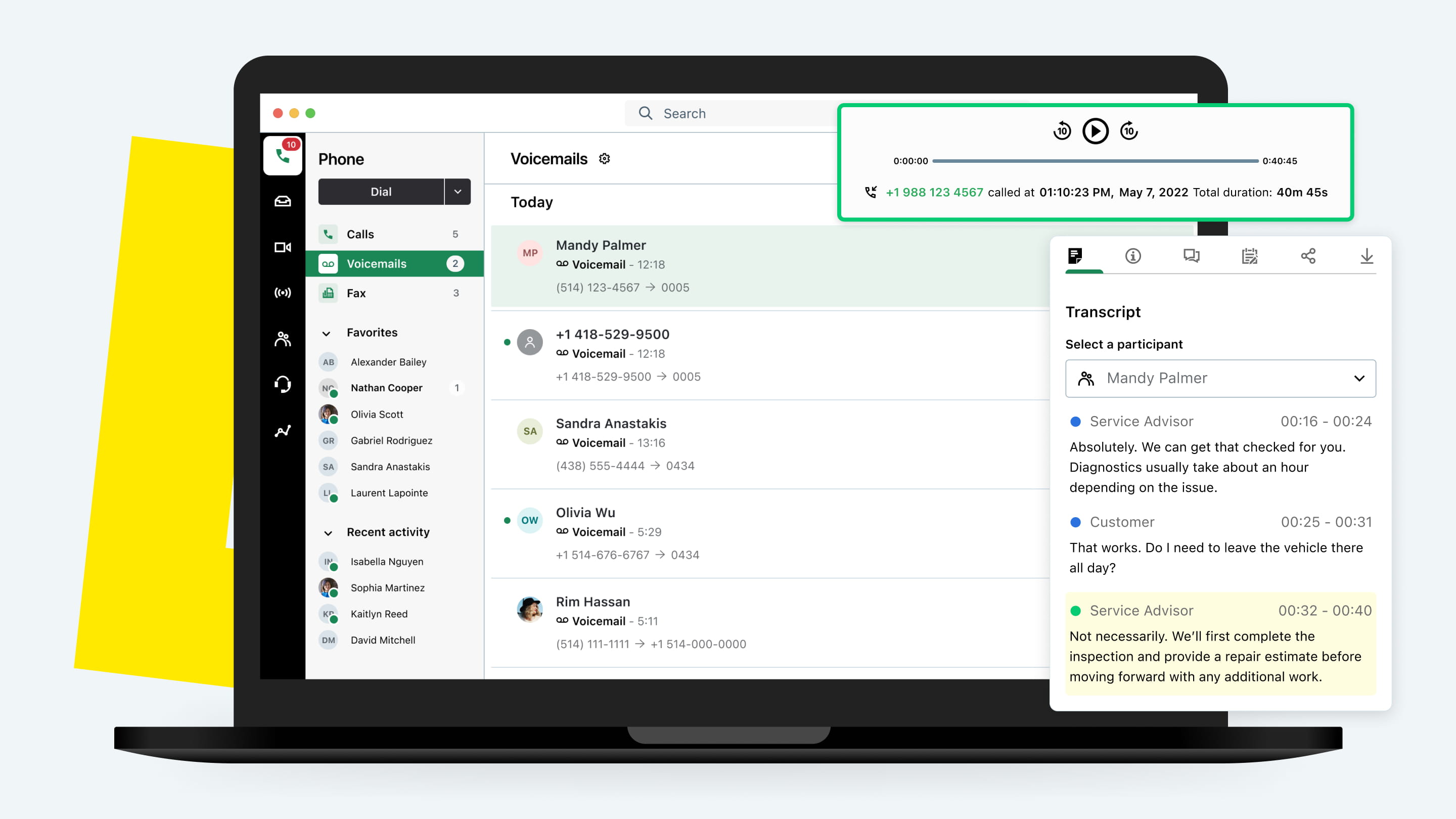 GoTo voicemail inbox interface with transcribed voicemail messages and call records.