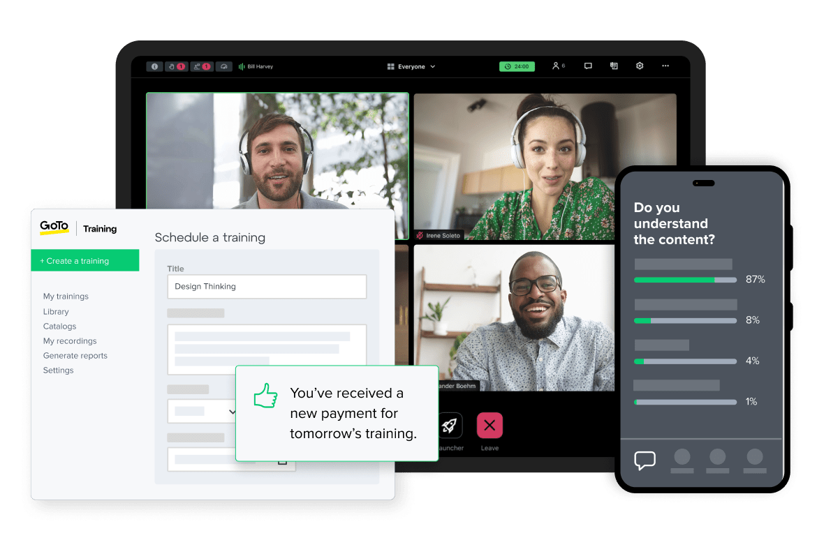 Pantallas que muestran a los participantes en la plataforma GoTo Training y la interfaz para 