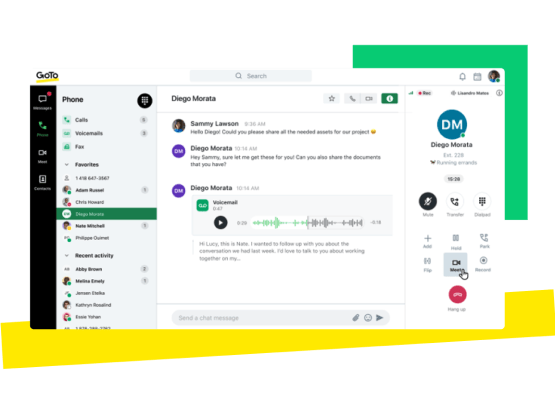 Screenshot of the GoTo dashboard, with messaging, phone and video calling, as well as contact management.
