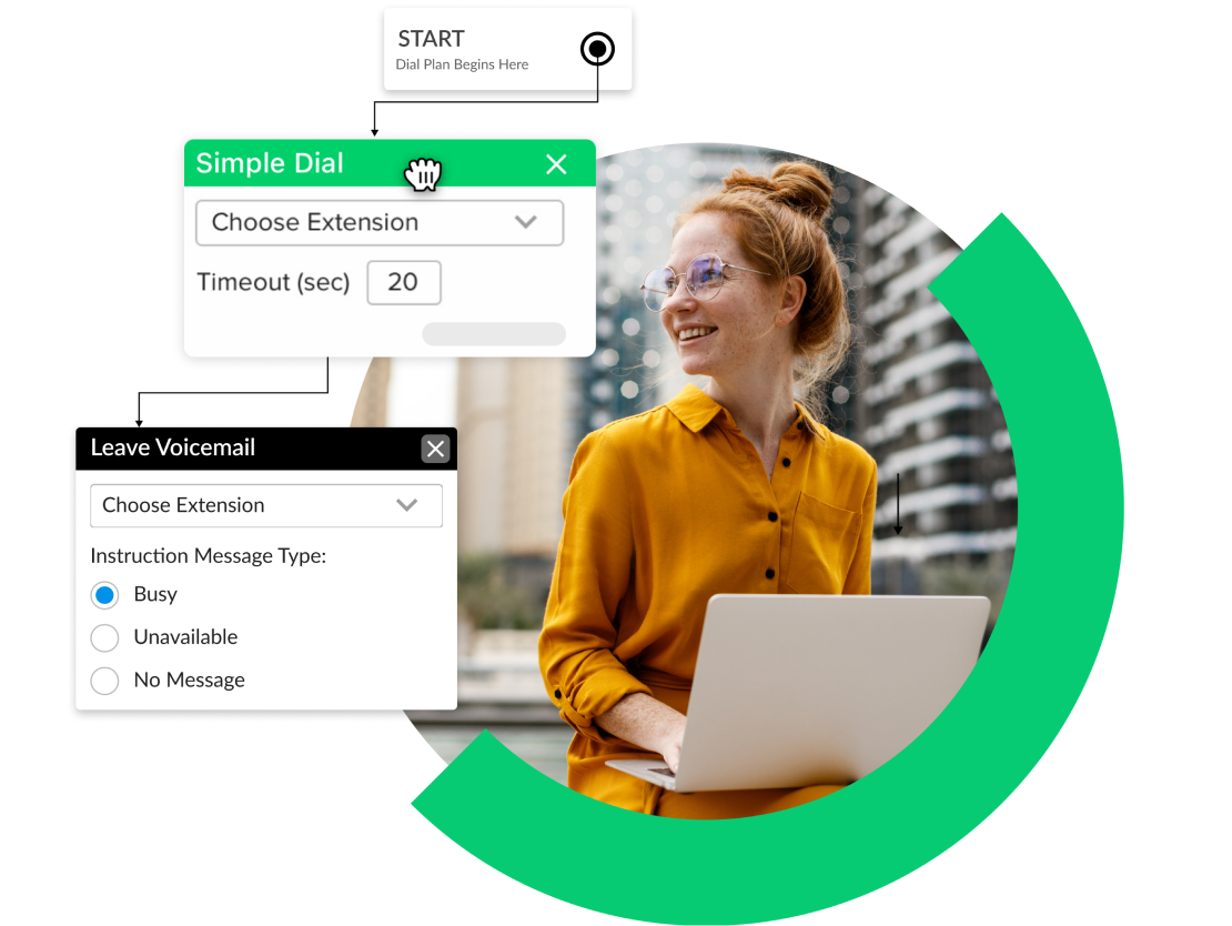 Woman working from outside on her laptop, with closeups of GoTo Connect dial plan. 