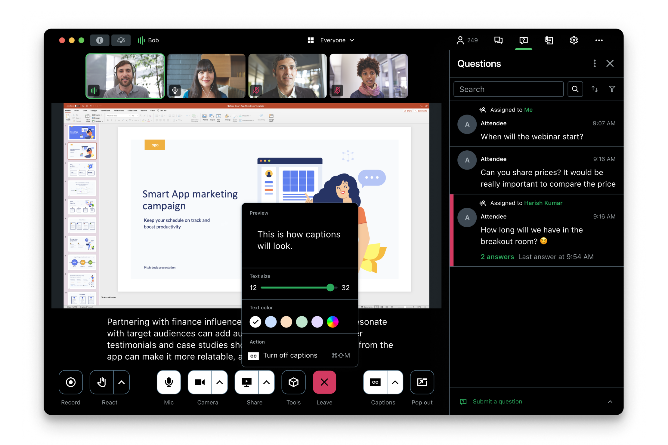 GoTo Webinar interface including participant video thumbnails, live chat questions, and interactive reactions.  Content