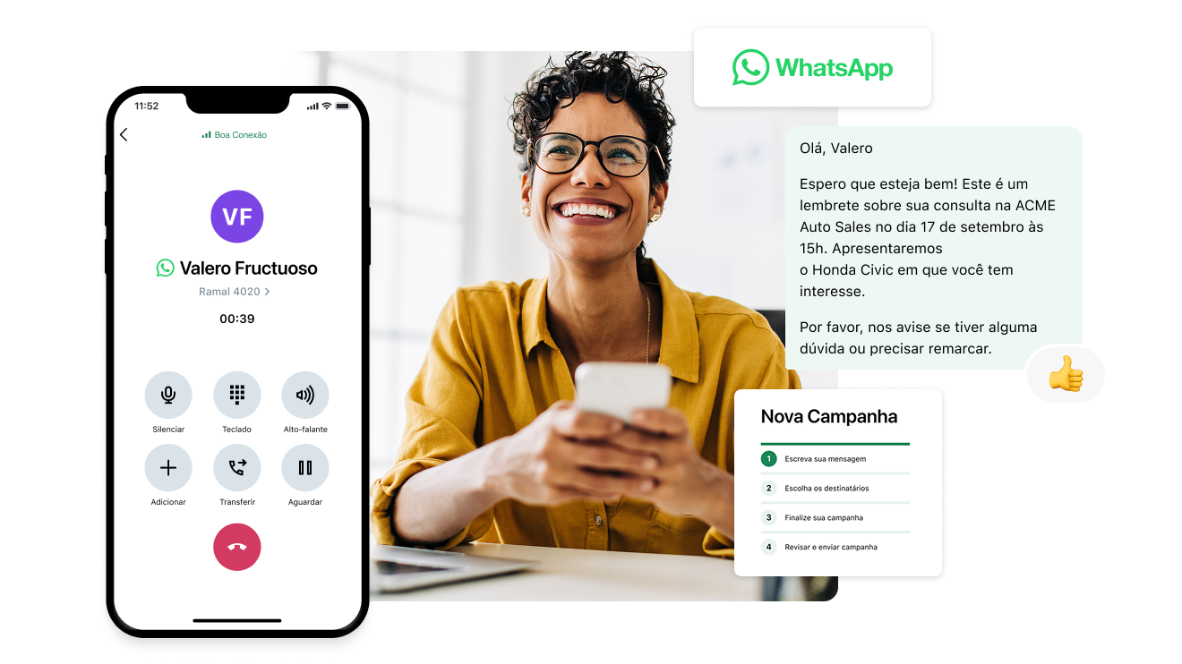 Professional sitting at laptop computer using GoTo Connect and WhatsApp seamlessly. GoTo Connect interface screens show a WhatsApp call being answered with GoTo Connect on a mobile device, and overlaid interfaces showing campaign creation and output.
