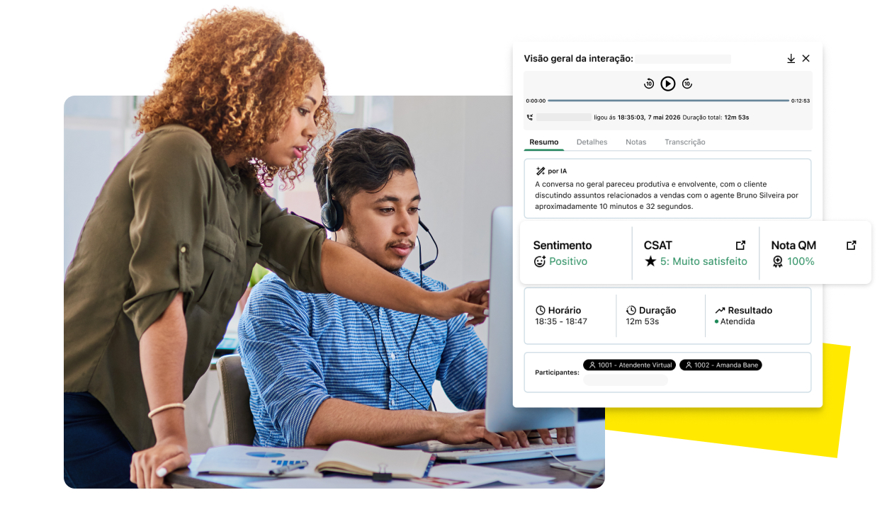 Two professionals using GoTo Connect AI tools to review a customer call overview, complete with AI sentiments.