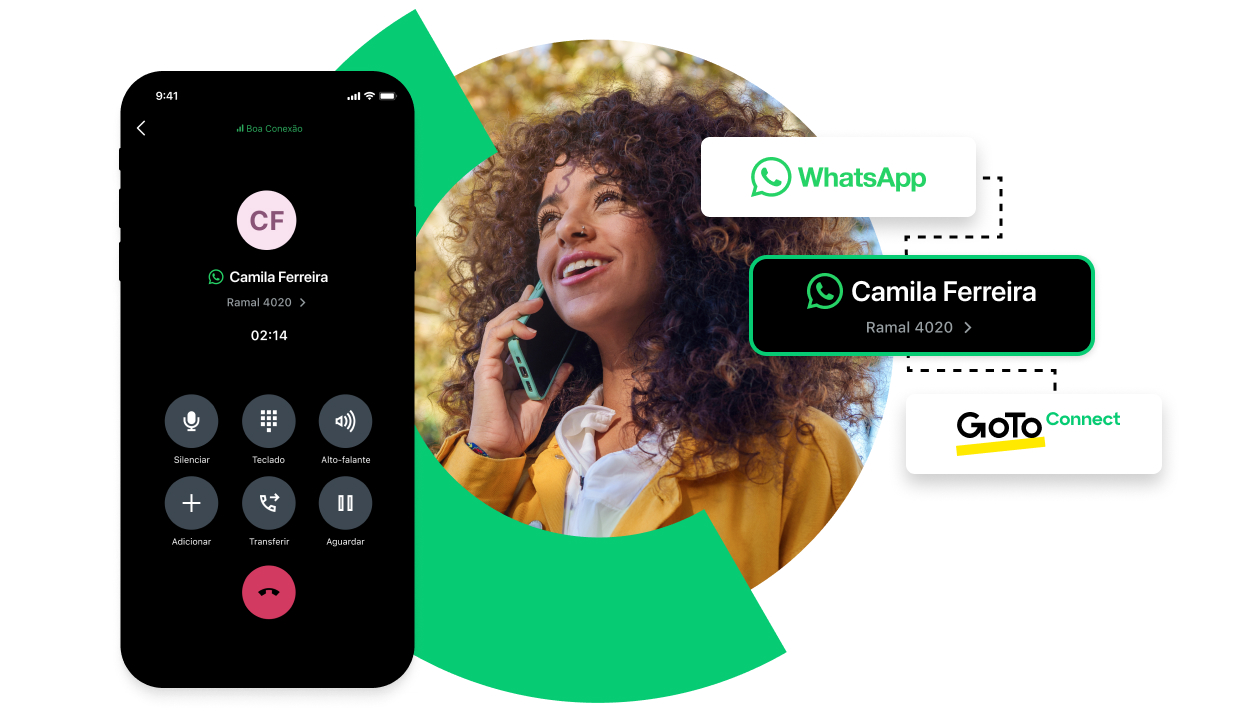 Young professional answering an inbound WhatsApp call with GoTo Connect.