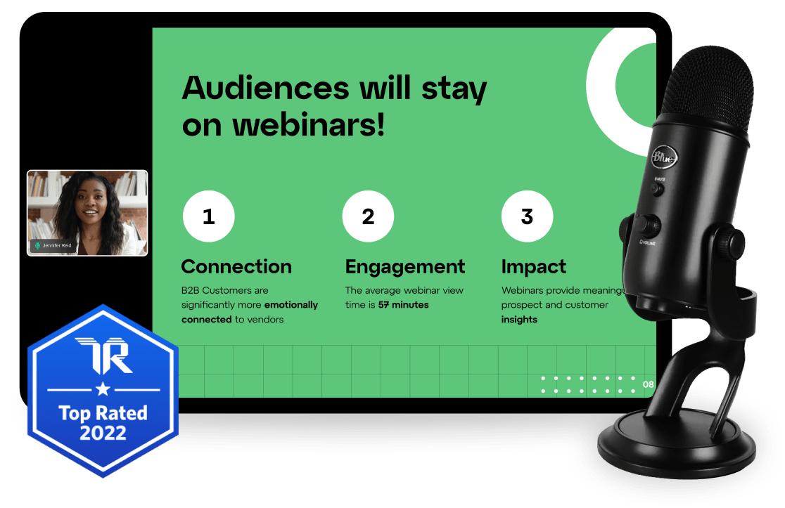 Interface montrant GoTo webinaire dans une session en cours avec microphone et le badge de confiance « Trust Rated Top Rated 2022 badge ».