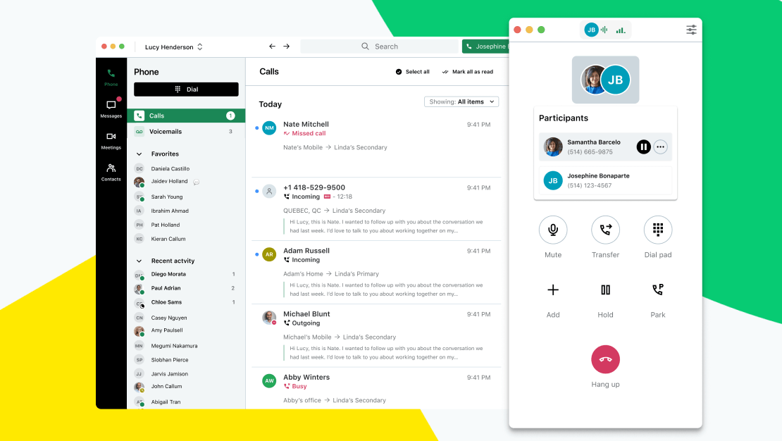 GoTo Connect desktop app screen showing multiple participants in a voice call.