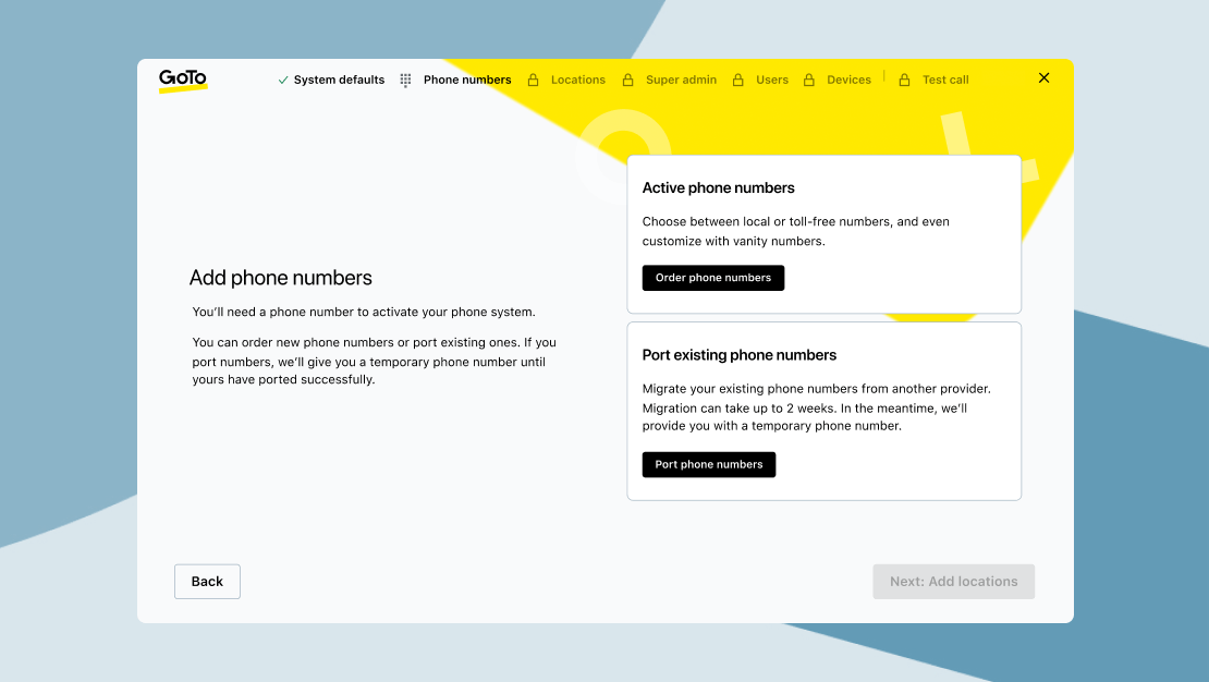 New GoTo app onboarding sceen showing the options to add new phone numbers or port existing numbers.