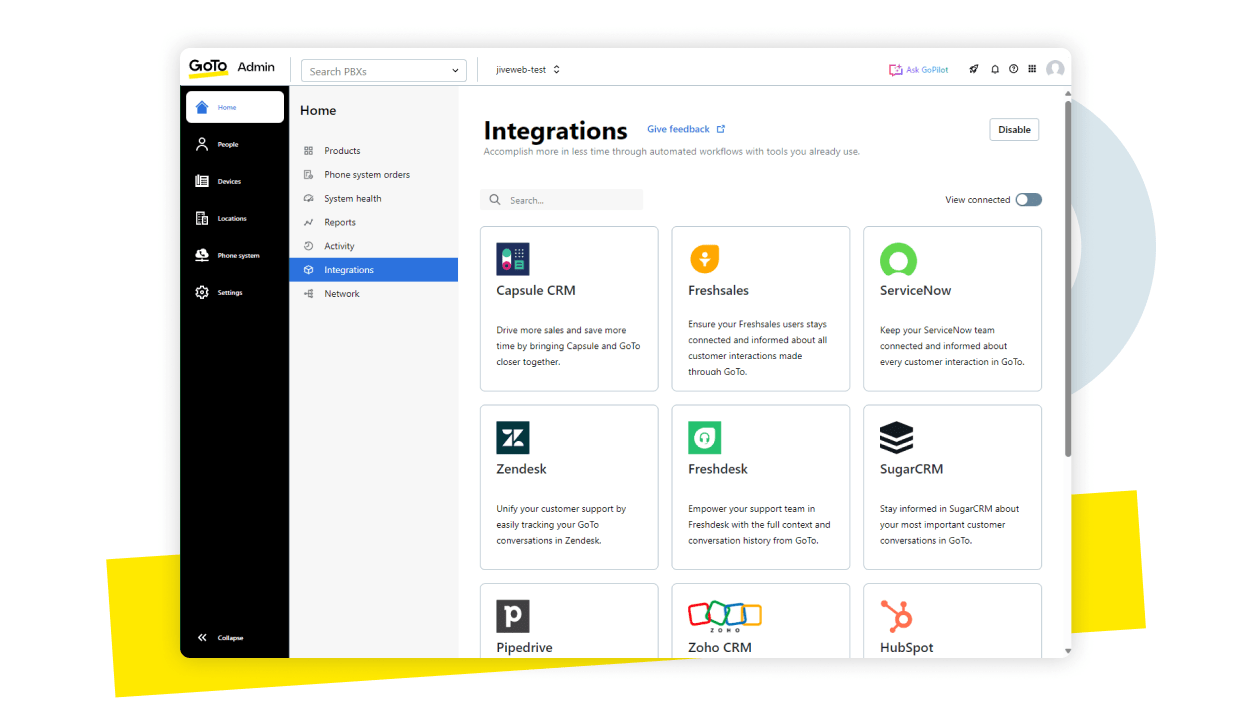 Screenshot of GoTo Connect Integrations, showing how it brings all your favorite tech tools together.