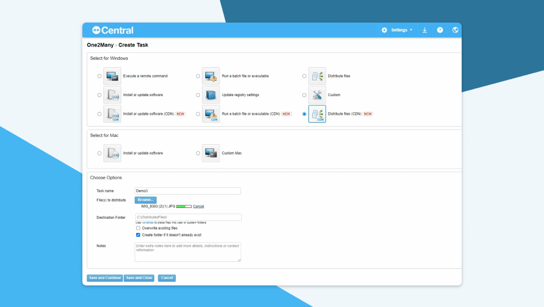 Creating One2Many tasks in Central.