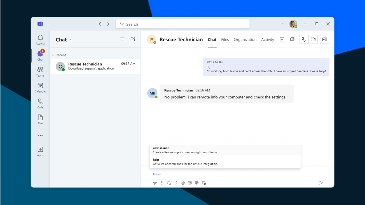 Bildschirm, der eine direkt in Microsoft Teams gestartete LogMeIn Rescue-Supportsitzung zeigt.