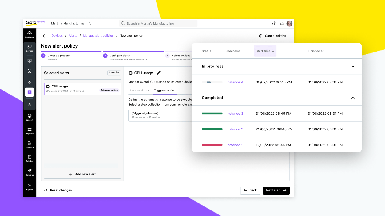 Bildschirme, auf denen zu sehen ist, wie eine vordefinierte Lösung für ein potenzielles Problem festgelegt wird und ein Trackingtool den Fortschritt von Selbstreparaturen beobachtet.