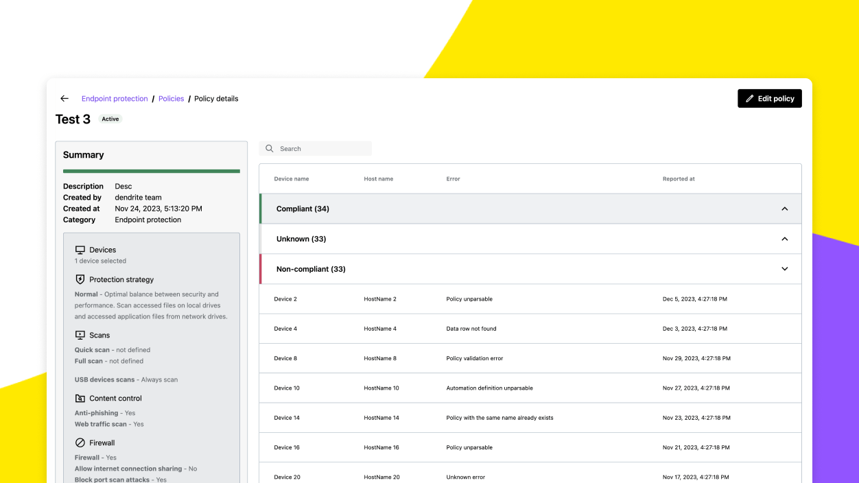 Bildschirm, der eine Zusammenfassung der Richtliniendetails für mehrere Geräte mit dem Endpoint Protection-Add-on von GoTo Resolve zeigt.
