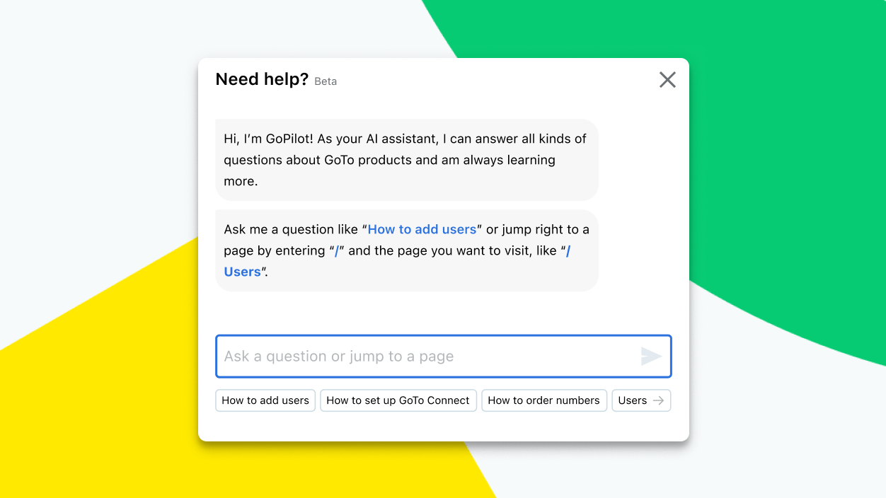 Bildschirm, auf dem eine Chatunterhaltung mit Admin GoPilot, dem integrierten KI-Assistenten von GoTo Connect, zu sehen ist.