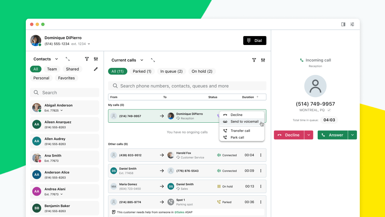 Bildschirm, auf dem das zentrale Anrufverwaltungs-Dashboard der Übersichtskonsole von GoTo Connect zu sehen ist.