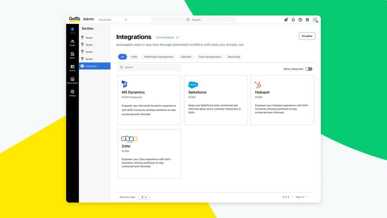 Bildschirm, auf dem die Registerkarte für Integrationen von GoTo Admin mit der Option zum Verbinden mehrerer CRM-Tools zu sehen ist.