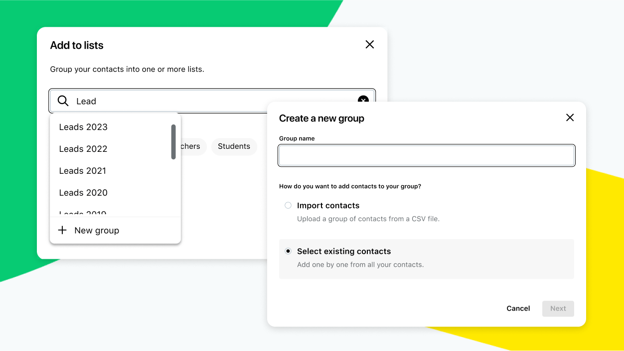 Screens showing the process of selecting or importing contacts into new groups.