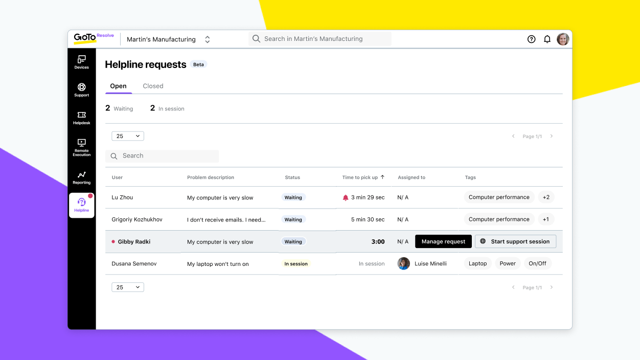 Screen showing the helpline requests page with problem descriptions and statuses.
