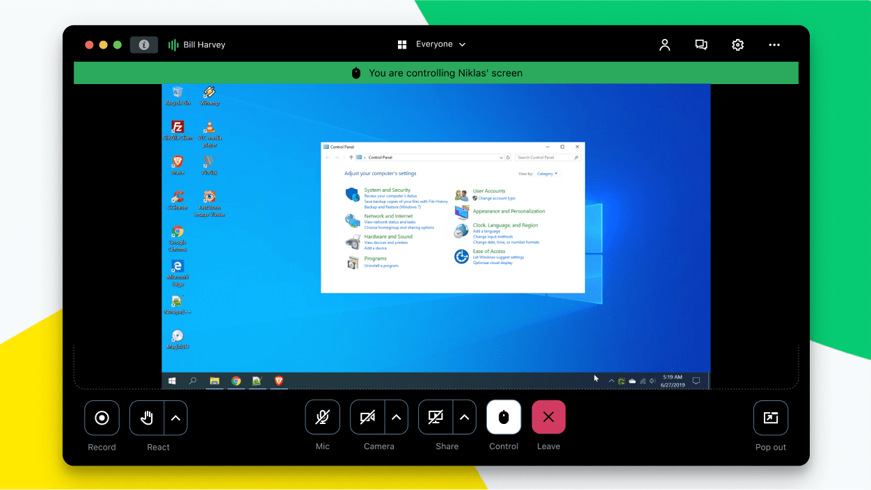 Screen showing a video call where the user is remotely accessing another’s computer.