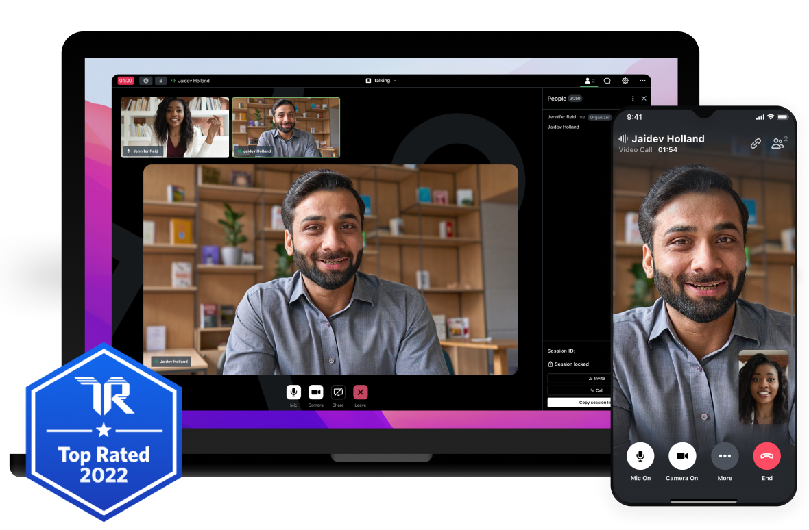 Interfaz de usuario de GoTo Meeting distinguida con el premio Top Rated de TrustRadius de 2022 y micrófono usado por el organizador de la reunión.