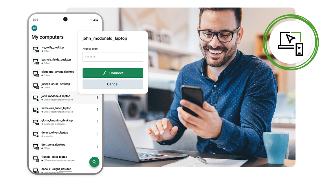 A collage of images featuring a framed rectangular image featuring a person working from home on their laptop computer and mobile phone, and a mobile device in in the foreground featuring GoToMyPC's My Computers screen, with a callout for connecting remotely to a laptop computer highlighting GoToMyPC's remote desktop access capabilities.