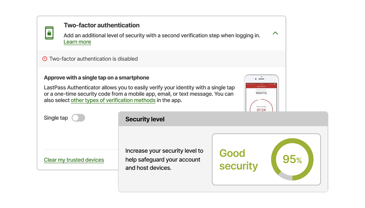 A screen from GoToMyPC showing instructions on how to access and use two-factor authentication with a second overlaid screen showing a security level callout highlighting good security.