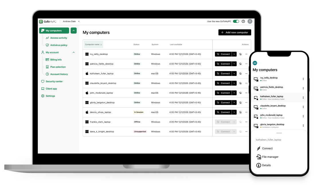 A laptop computer and a mobile device showcasing GoToMyPC's "My Computers" screen highlighting the ability to access features across all devices. 