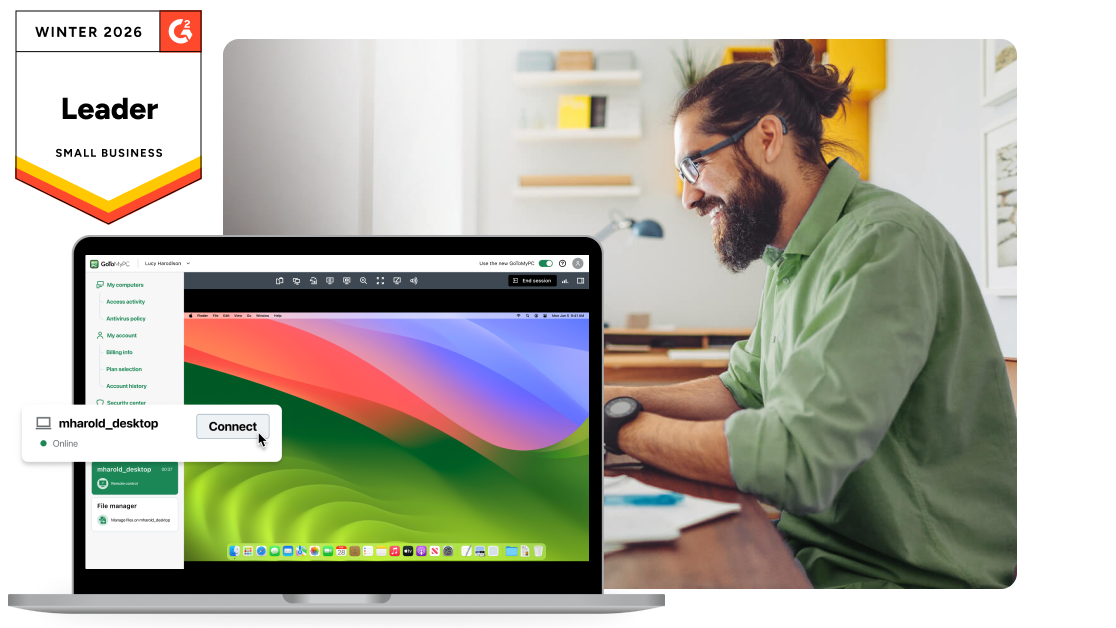 A collage of images featuring a framed rectangular image featuring a person working happily on their laptop computer, a laptop facing forward in the foreground featuring the GoToMyPC interface showing a remote screen share session, and a G2 award badge with text "Winter 2026 Leader, Small Business" 