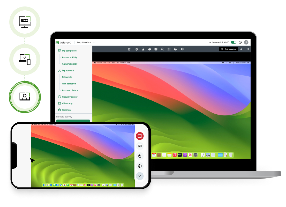 A laptop computer and mobile phone side-by-side showcasing the ease of connecting to and working on another device using GoToMyPC.