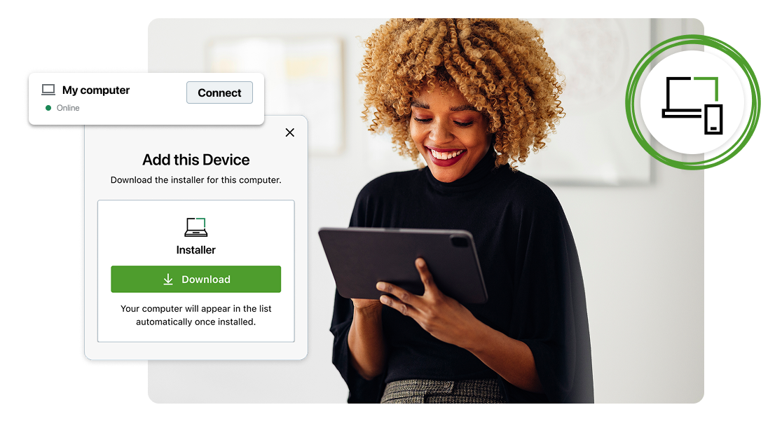 A collage of images featuring a framed rectangular image featuring a person working from home on their tablet, with GoToMyPC's interface in the foreground showing how to add and connect to a device remotely. 